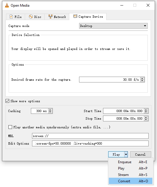 set vlc screen record options