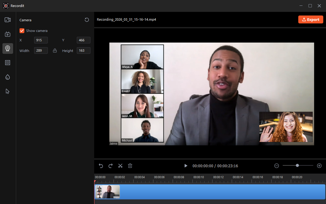 mostrar câmera em vídeo