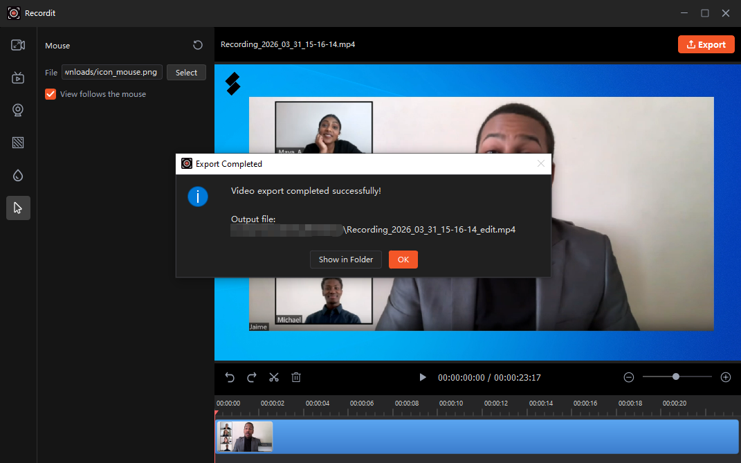 mostrar gravação exportada