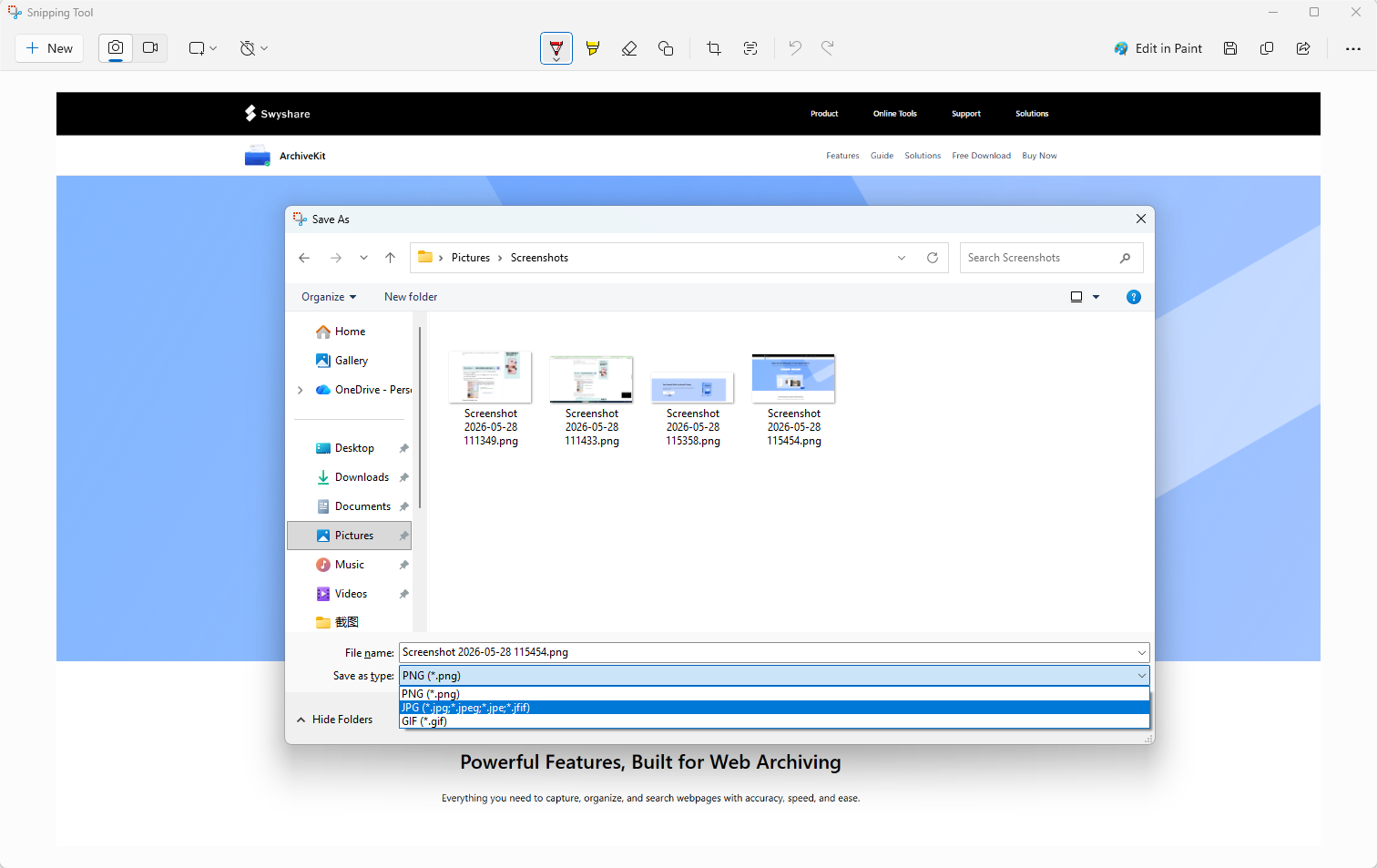 snipping tool to save webpage as jpeg