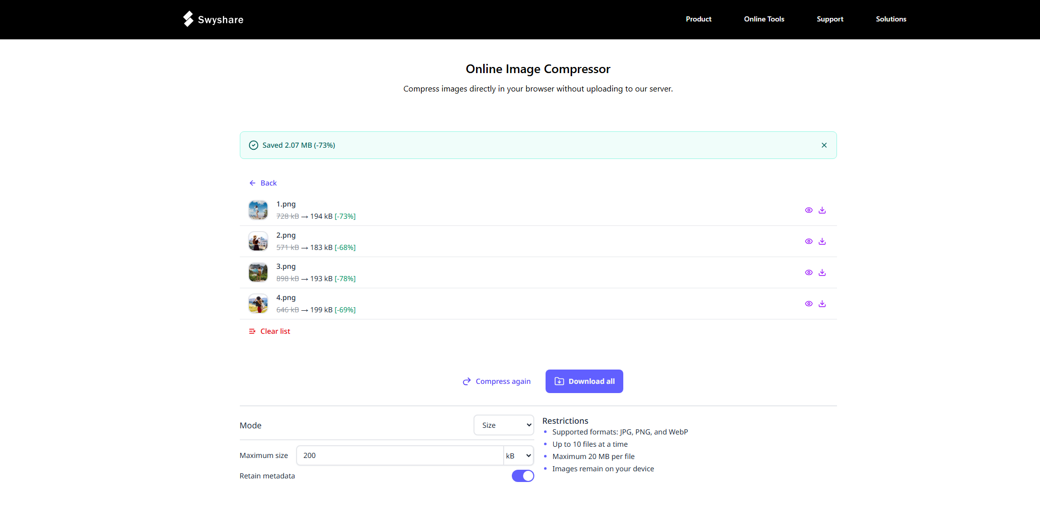 swyshare compress images under 200 kb