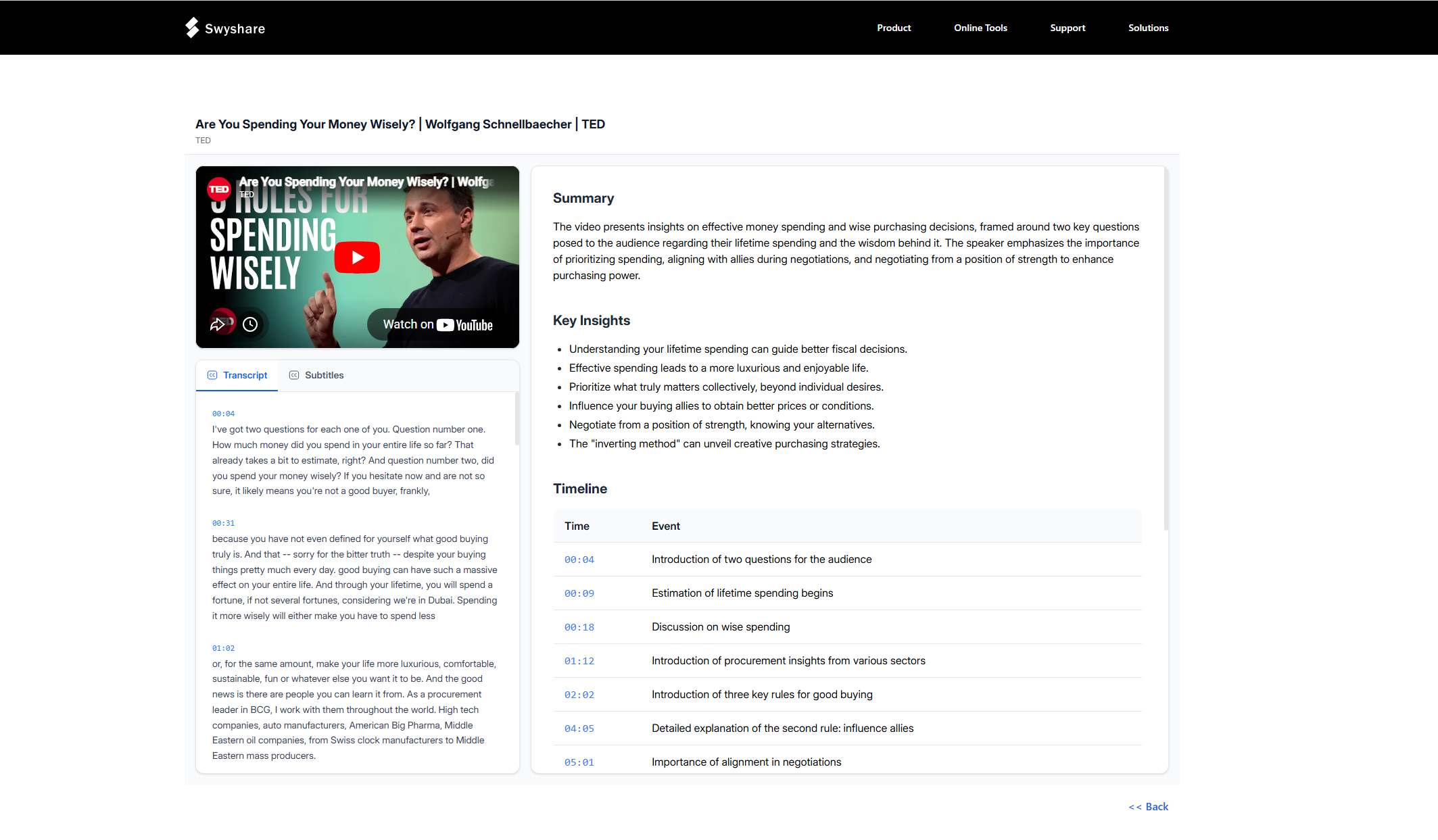 swyshare generate youtube video summary