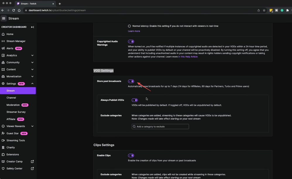 twitch store прошлые трансляции