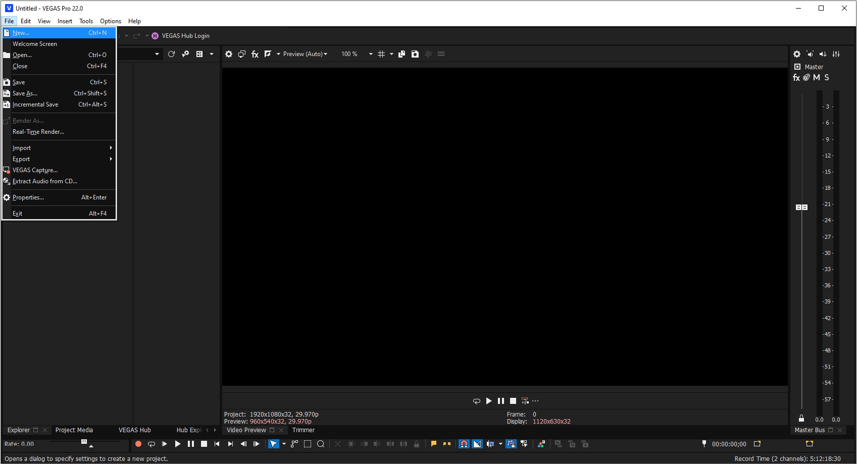 vegas pro create new project