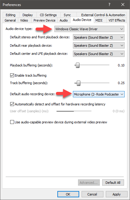vegas pro input audio device