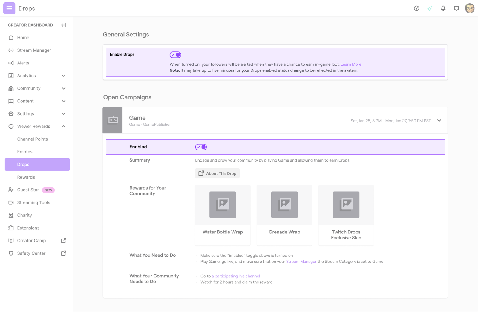verify stream is drops-enabled