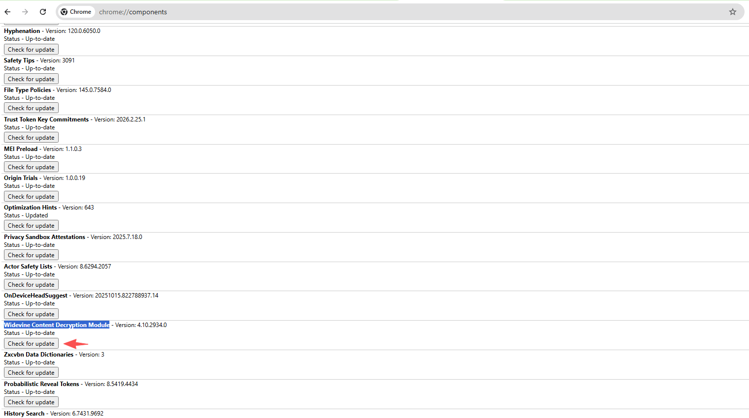 widevine content decryption module check for update