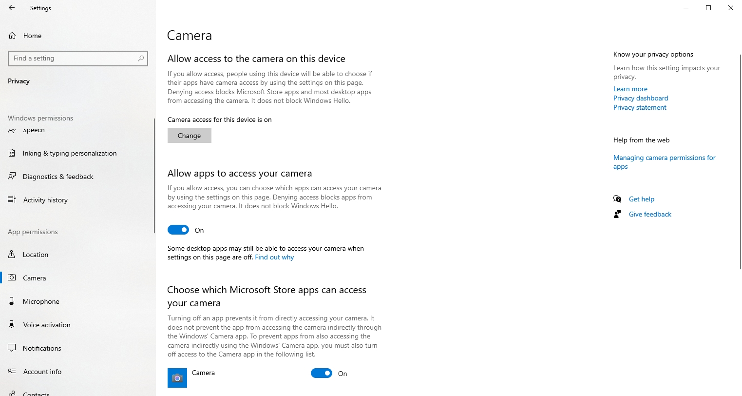 windows camera access
