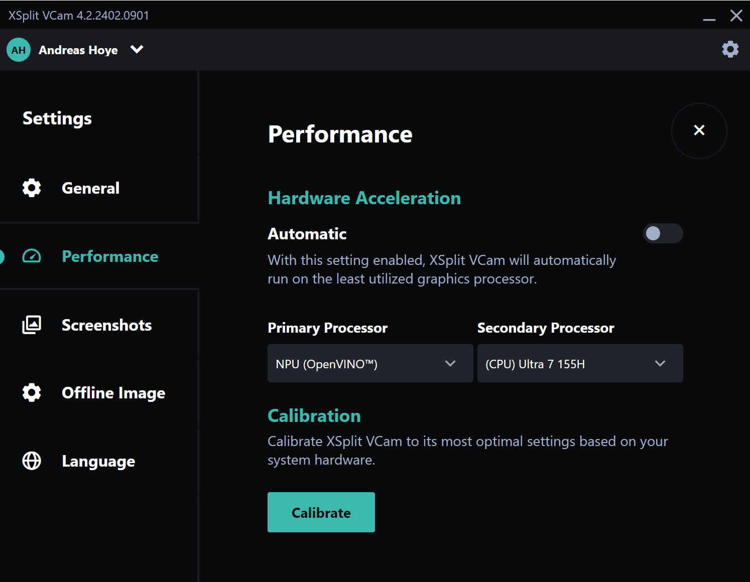 xsplit vcam setting turn off hardware acceleration