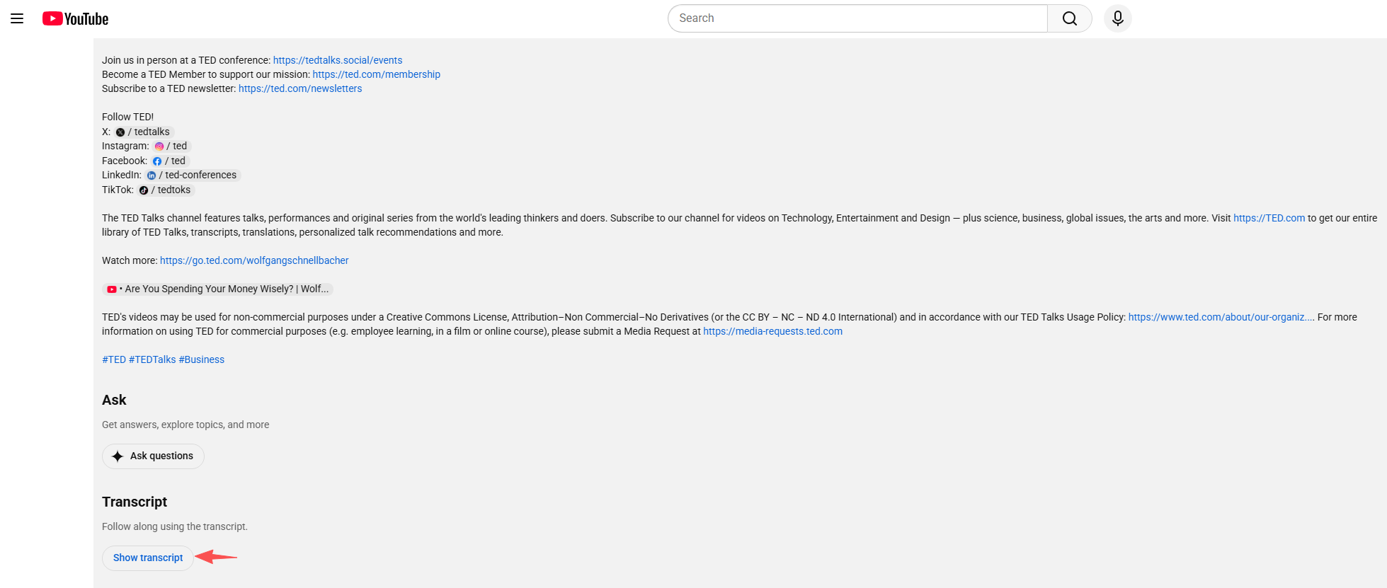 youtube video show transcript